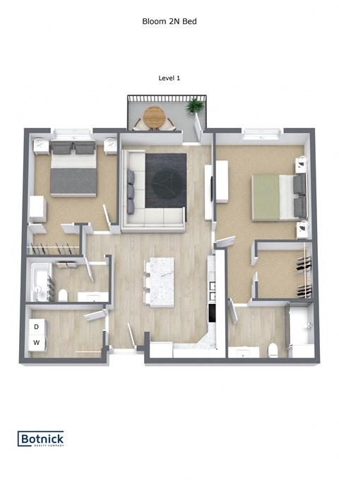 Floor plan for 2 beds, 2 baths, 939 sqft